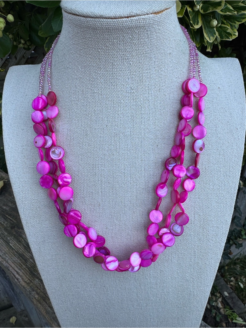 Hot Pink Shell Disc and Glass Seed Bead Layered Necklace - Beach Core